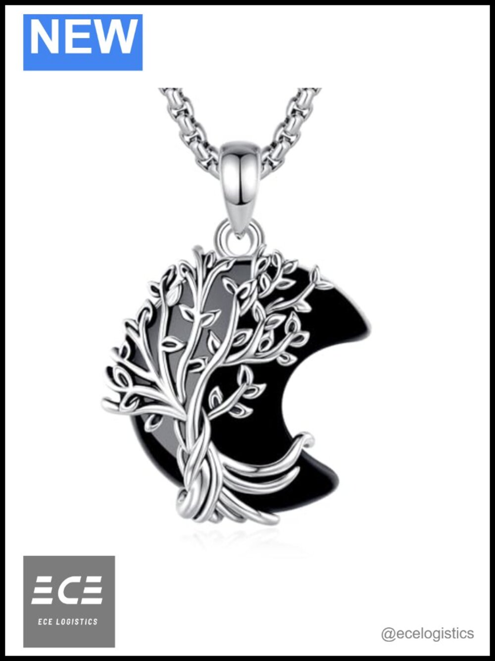 Tree of Life Crescent Moon Pendant Necklace Rhodium Plated Stainless Steel